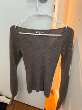Reformation Ribbed V-Neck Sweater in Taupe Brown